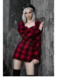 Steam Punk Female Black Red Lattice High Waist Long Sleeve Belted Dress