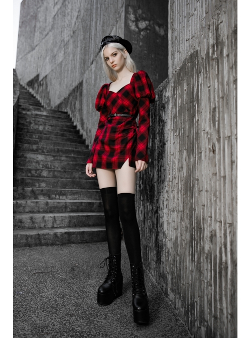 Steam Punk Female Black Red Lattice High Waist Long Sleeve Belted Dress