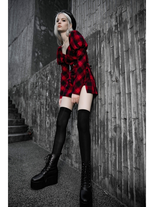 Steam Punk Female Black Red Lattice High Waist Long Sleeve Belted Dress
