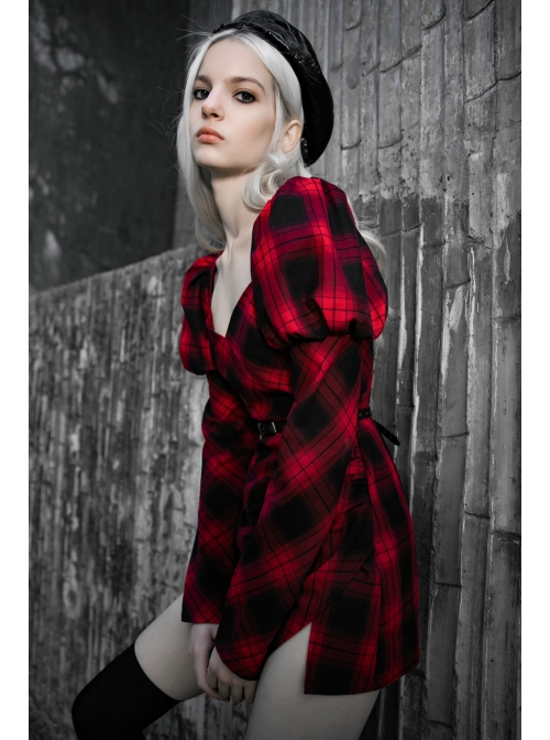 Steam Punk Female Black Red Lattice High Waist Long Sleeve Belted Dress