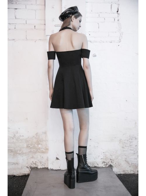 Steam Punk Female Black Hollow Off-the-shoulder High Waist Dress