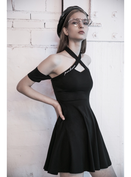 Steam Punk Female Black Hollow Off-the-shoulder High Waist Dress