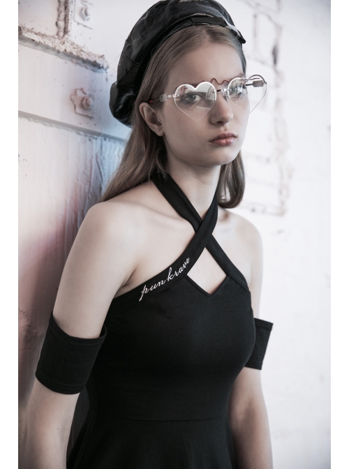 Steam Punk Female Black Hollow Off-the-shoulder High Waist Dress
