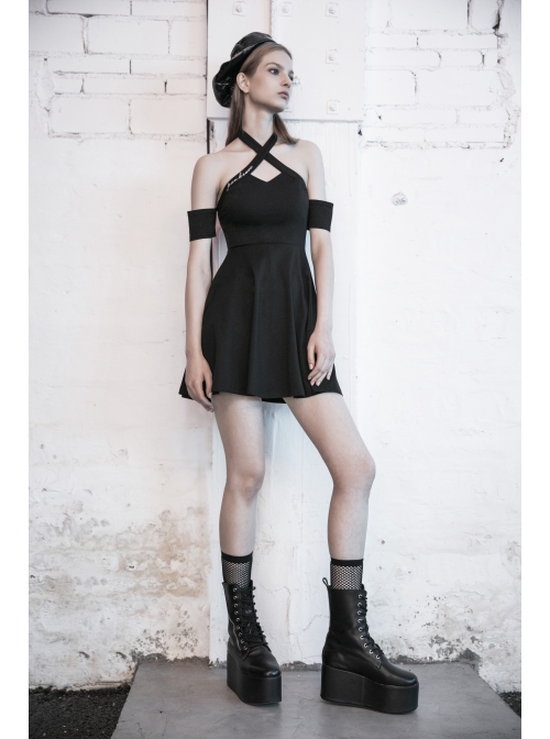 Steam Punk Female Black Hollow Off-the-shoulder High Waist Dress