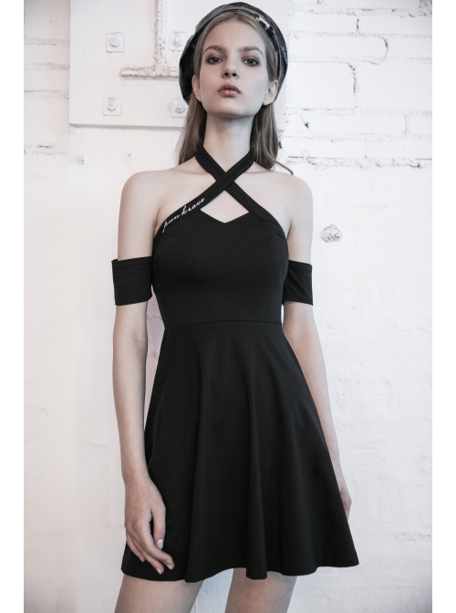 Steam Punk Female Black Hollow Off-the-shoulder High Waist Dress