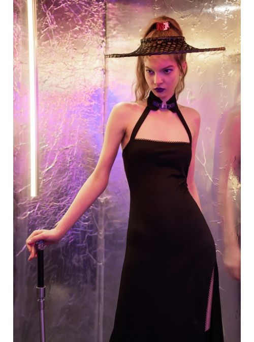 Steam Punk Female Black Strap Split Off-the-shoulder Elastic Dress