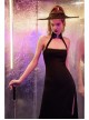 Steam Punk Female Black Strap Split Off-the-shoulder Elastic Dress