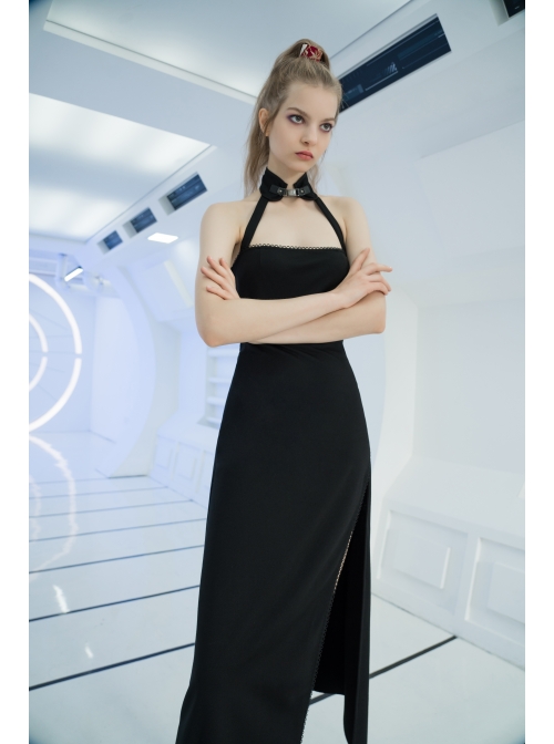 Steam Punk Female Black Strap Split Off-the-shoulder Elastic Dress