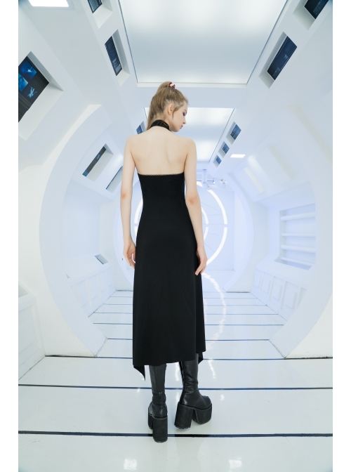 Steam Punk Female Black Strap Split Off-the-shoulder Elastic Dress