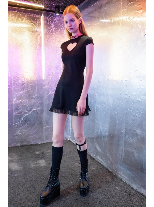 Steam Punk Female Heart Shaped Hollow Pink Buckle Collar Lace Stitching Dress