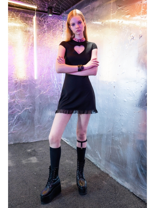 Steam Punk Female Heart Shaped Hollow Pink Buckle Collar Lace Stitching Dress