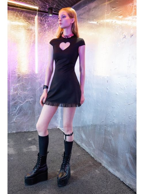Steam Punk Female Heart Shaped Hollow Pink Buckle Collar Lace Stitching Dress