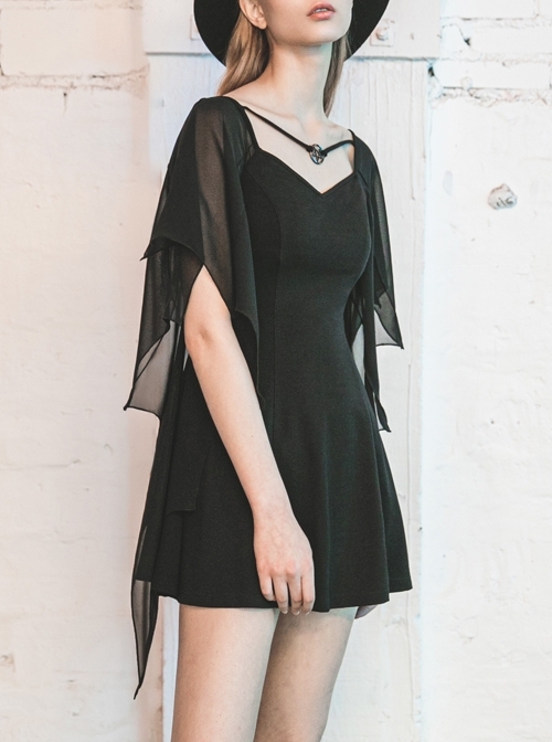 Gothic Female Black High Waist Bat Sleeve Star Elastic Dress