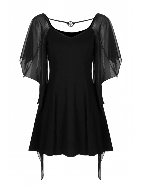 Gothic Female Black High Waist Bat Sleeve Star Elastic Dress