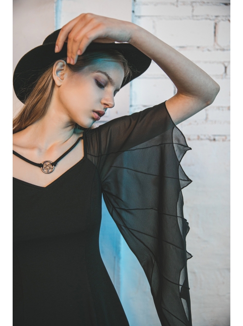Gothic Female Black High Waist Bat Sleeve Star Elastic Dress