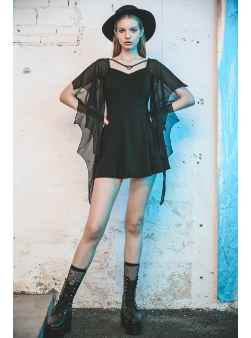 Gothic Female Black High Waist Bat Sleeve Star Elastic Dress