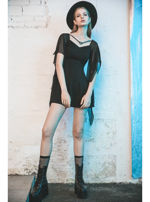 Gothic Female Black High Waist Bat Sleeve Star Elastic Dress