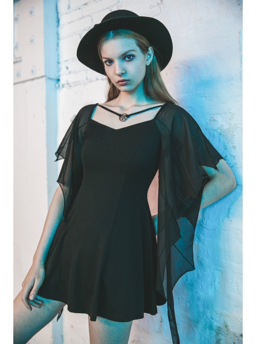 Gothic Female Black High Waist Bat Sleeve Star Elastic Dress