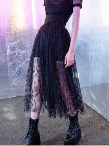 Steam Punk Female Black Casual Mesh Stitching Butterfly Long Skirt