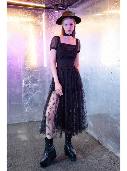 Steam Punk Female Black Casual Mesh Stitching Butterfly Long Skirt