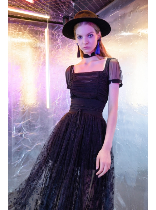 Steam Punk Female Black Casual Mesh Stitching Butterfly Long Skirt