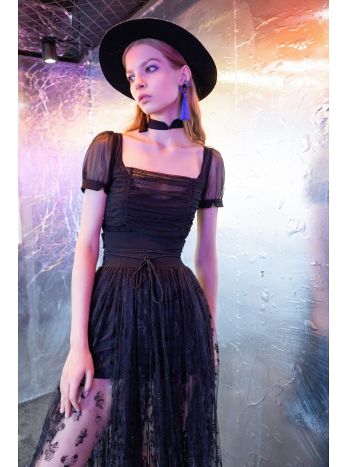 Steam Punk Female Black Casual Mesh Stitching Butterfly Long Skirt