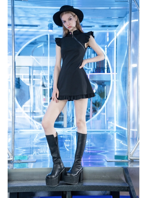 Steam Punk Female Black Lotus Leaf Hem Chinese Cheongsam Rose Dress