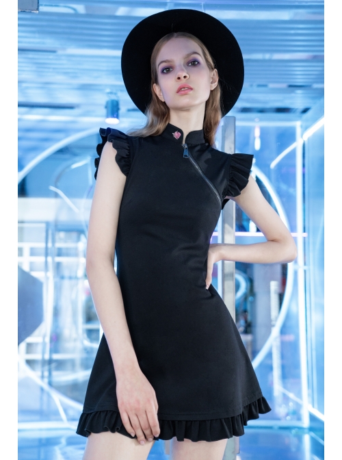 Steam Punk Female Black Lotus Leaf Hem Chinese Cheongsam Rose Dress