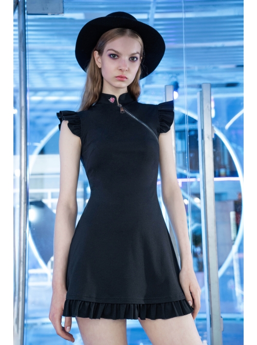 Steam Punk Female Black Lotus Leaf Hem Chinese Cheongsam Rose Dress