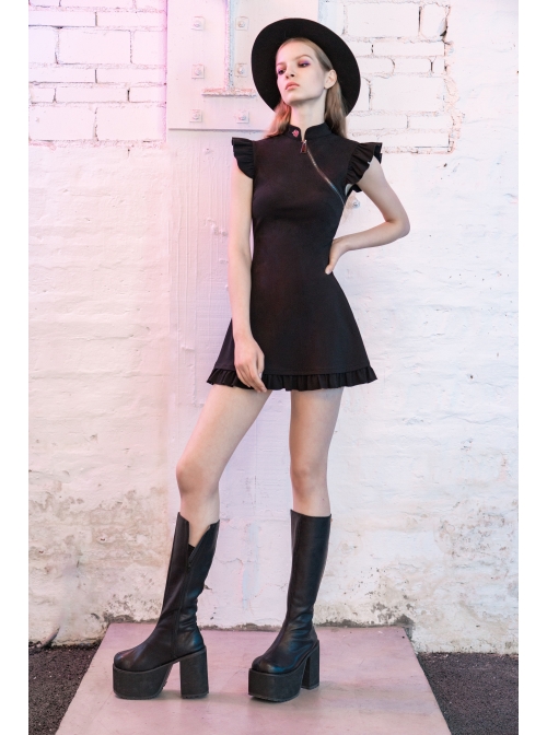 Steam Punk Female Black Lotus Leaf Hem Chinese Cheongsam Rose Dress