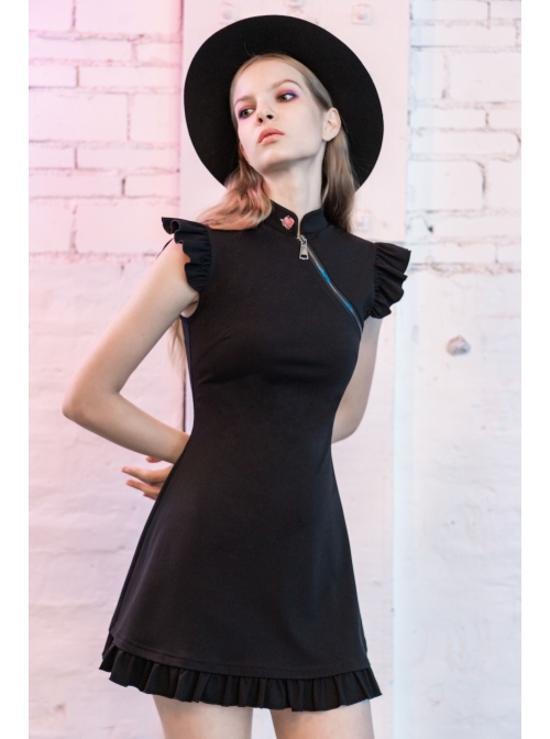 Steam Punk Female Black Lotus Leaf Hem Chinese Cheongsam Rose Dress