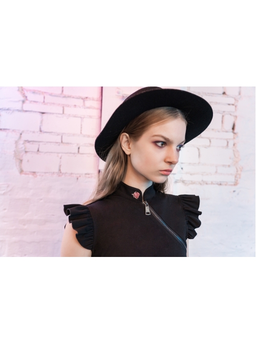 Steam Punk Female Black Lotus Leaf Hem Chinese Cheongsam Rose Dress