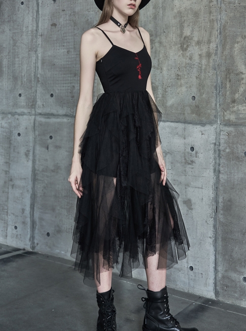 Steam Punk Female Black Rose Mesh Stitching Long Dress