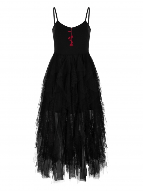 Steam Punk Female Black Rose Mesh Stitching Long Dress