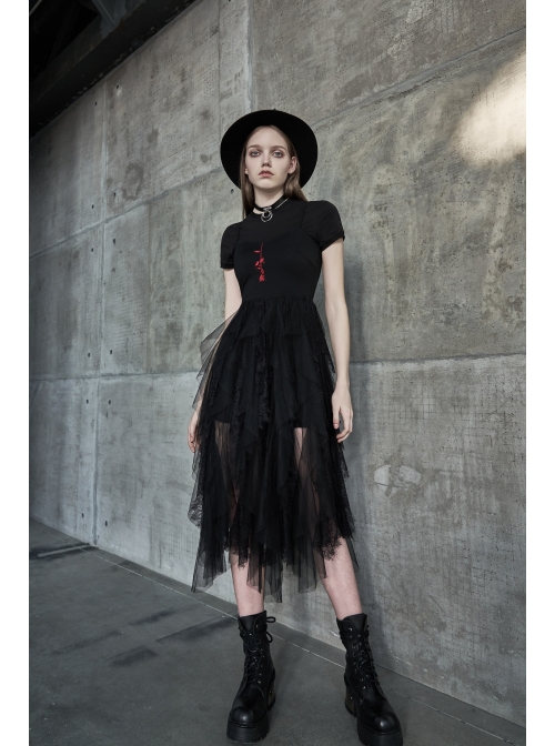 Steam Punk Female Black Rose Mesh Stitching Long Dress