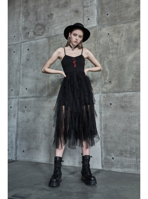 Steam Punk Female Black Rose Mesh Stitching Long Dress
