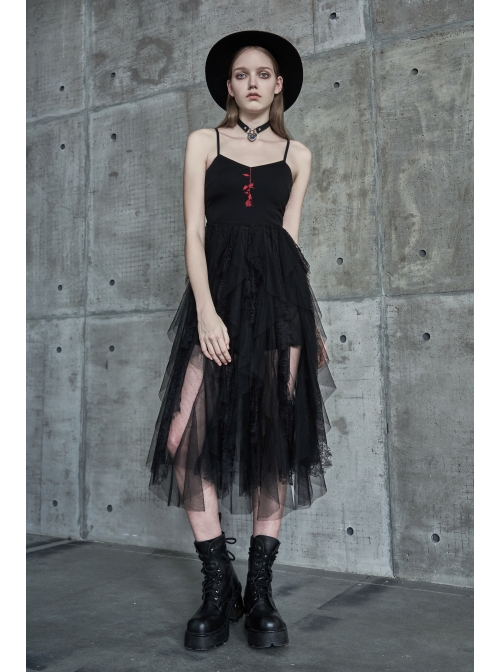 Steam Punk Female Black Rose Mesh Stitching Long Dress