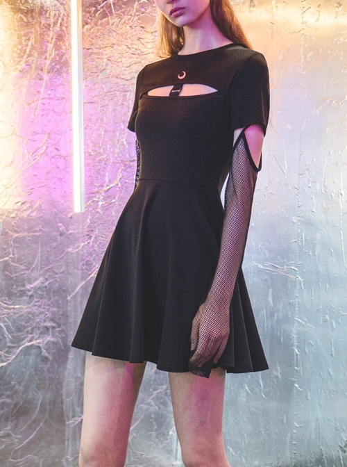 Steam Punk Female Black Hollow Moon Printed Dress With Mesh Gloves