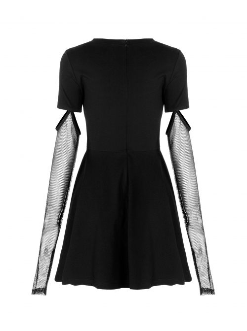Steam Punk Female Black Hollow Moon Printed Dress With Mesh Gloves