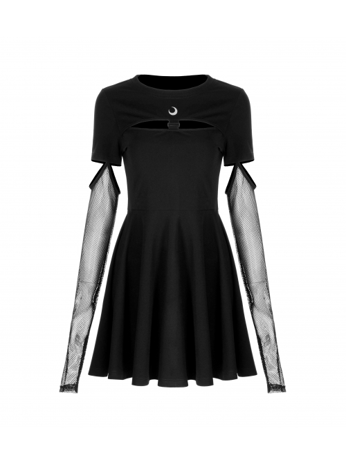 Steam Punk Female Black Hollow Moon Printed Dress With Mesh Gloves