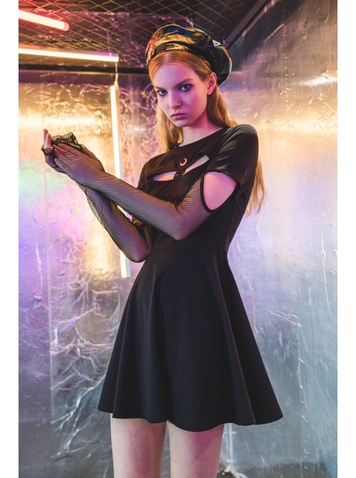 Steam Punk Female Black Hollow Moon Printed Dress With Mesh Gloves