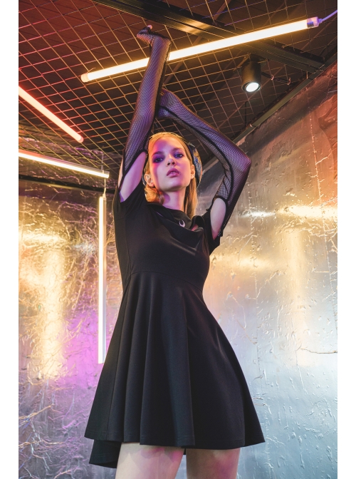 Steam Punk Female Black Hollow Moon Printed Dress With Mesh Gloves