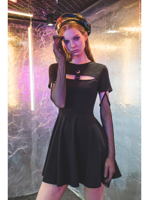 Steam Punk Female Black Hollow Moon Printed Dress With Mesh Gloves