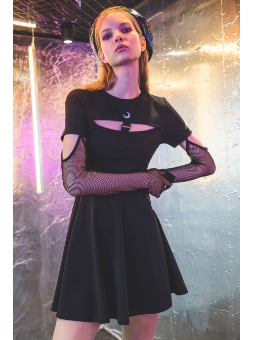 Steam Punk Female Black Hollow Moon Printed Dress With Mesh Gloves