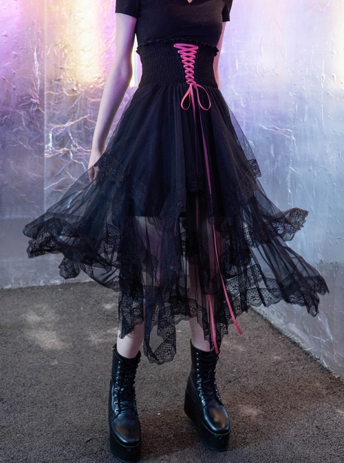 Steam Punk Female Black Mesh Stitching Pink Binding Long Skirt