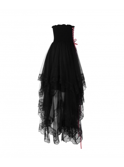 Steam Punk Female Black Mesh Stitching Pink Binding Long Skirt