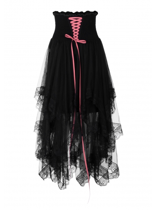 Steam Punk Female Black Mesh Stitching Pink Binding Long Skirt