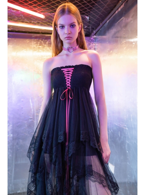 Steam Punk Female Black Mesh Stitching Pink Binding Long Skirt