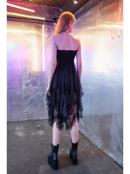 Steam Punk Female Black Mesh Stitching Pink Binding Long Skirt