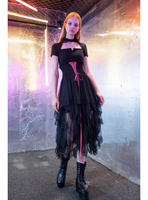 Steam Punk Female Black Mesh Stitching Pink Binding Long Skirt